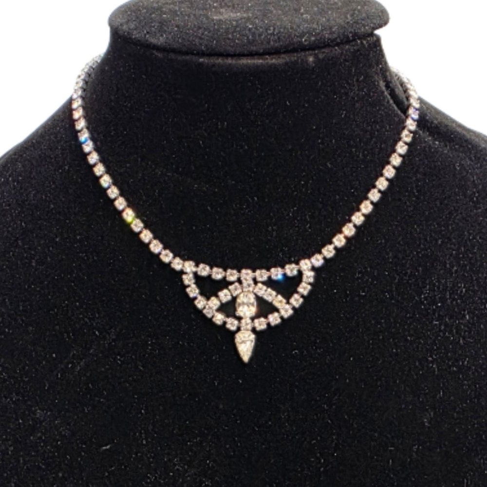 Vintage Art Deco Rhinestone Fan Drop Necklace Sparkly Silver